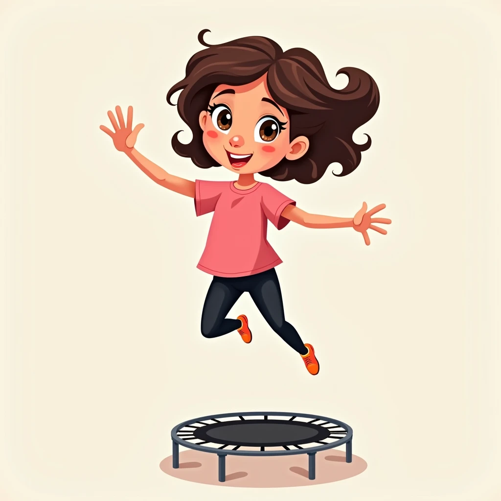 best quality, masterpiece, fill frame, zoomed out, character design, full body, head to toe, vector cartoon, poster of young woman, small breasts, wearing plain pink tshirt and long black leggings, smile while bouncing on small trampoline, perfect fingers, perfect hands, perfect face, perfection, no background