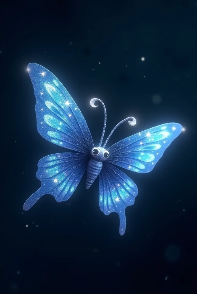 (ultra detailed), This creature looks like a small butterfly, with its entire body covered in deep blue wings like the night sky. The wings are decorated with small stars, and the shine changes depending on the angle from which it is viewed. Its eyes are large and shiny silver, and its antennae have small moon ornaments. Its body is slender and emits a soft light, making it look like a star when it flies through the night sky. The tips of its wings have small shooting star-like lights that leave a trail of light as it flies.