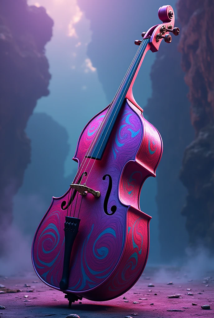 A double bass with a bright purple psychedelic design