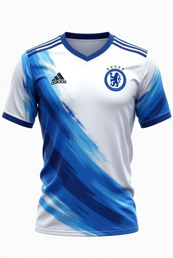 White football team jersey, deep blue brush paint illustration of parts of cool soccer ball image on body.
Keep space for logo on one side of chest