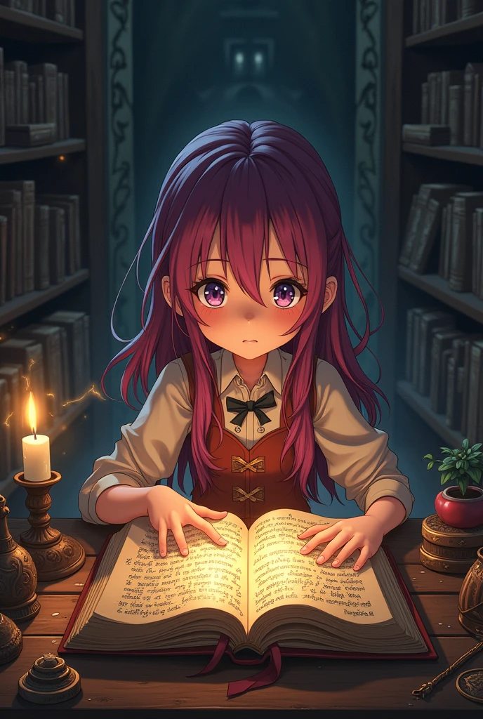 Anime girl young witch try using magic for first time with book