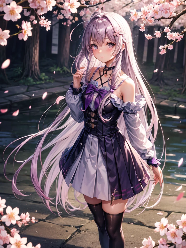 Shrinkage rate, Depth of written border, Highest quality, Yuitsuki Yukari, Long Hair, A lovely windy day, alone, View your viewers, Speckled sunlight,Cherry blossom petals, Standing position, look back, Shrinkage rate, Depth of written border, Highest quality, Yuitsuki Yukari, A lovely windy day, alone, Speckled sunlight,Cherry blossom petals, Standing position, look back, secretary, Purple-tinged hair, Small breasts, Not a good style, break,Ayukari,Ahoge,Long Hairの短い髪,hair ornaments,Purple Dress,Crisscross halter neck,Hooded jacket,Long sleeve, purple neckerchief,Grey Skirt,Black knee socks,boots, Chukari,Long Hairの短い髪,hair ornaments,Hair Clip,choker,Crisscross halter neck