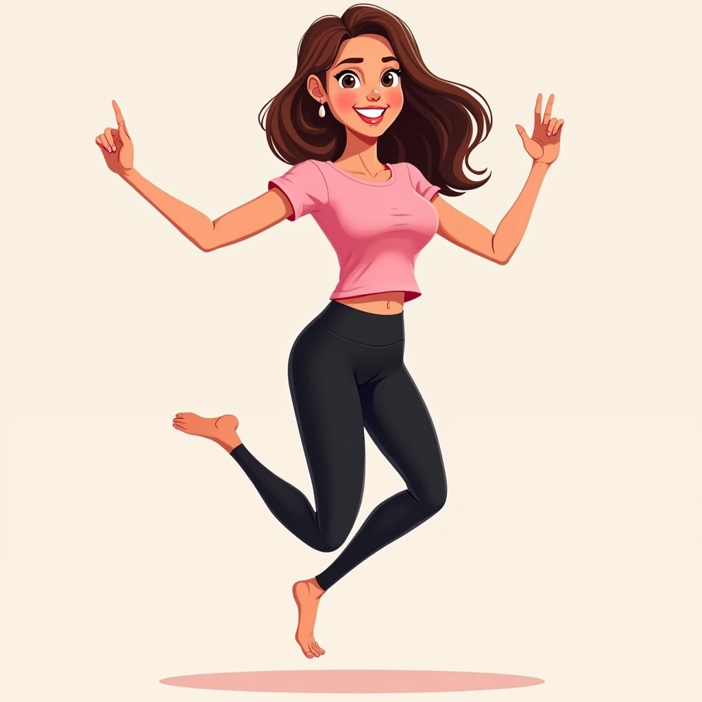best quality, masterpiece, fill frame, zoomed out, character design, full body, head to toe, vector cartoon, poster of woman, small breasts, wearing plain pink tshirt and long black leggings, smile while bouncing on small trampoline, perfect fingers, perfect hands, perfect face, perfection, no background