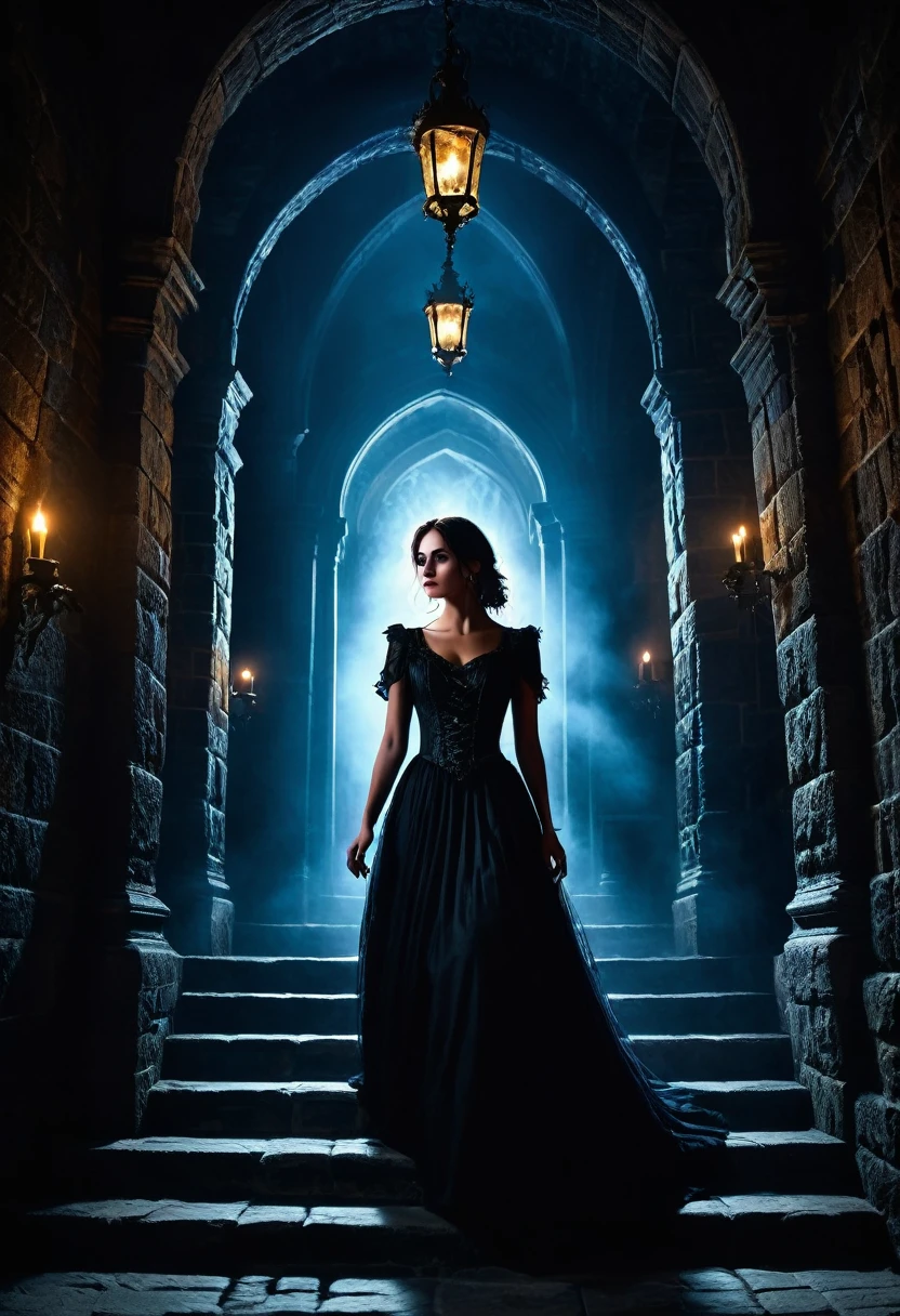 A hauntingly beautiful cinematic image of Emily, a gothic heroine, slowly descending a grand, dimly lit staircase. She clutches a flickering flashlight, casting eerie shadows on the ancient stone walls. Her Victorian-style dress flows elegantly, contrasting with the dark, dreary atmosphere. Mysterious and captivating, this scene captures the essence of a classic dark fantasy tale., cinematic, dark fantasy, photo