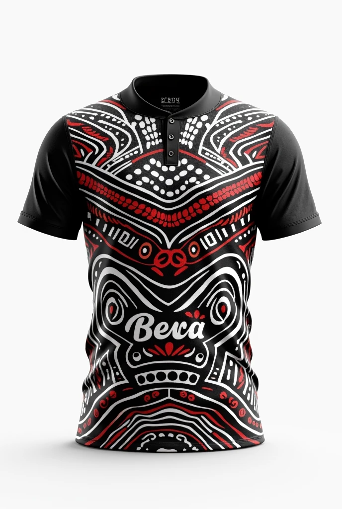 Create rugby jersey maori  tribe full  pattern black white red  at sleeve  retro black collar white background front and back design side by two side  clear design  at centre wrote BERA RUGBY floral design 