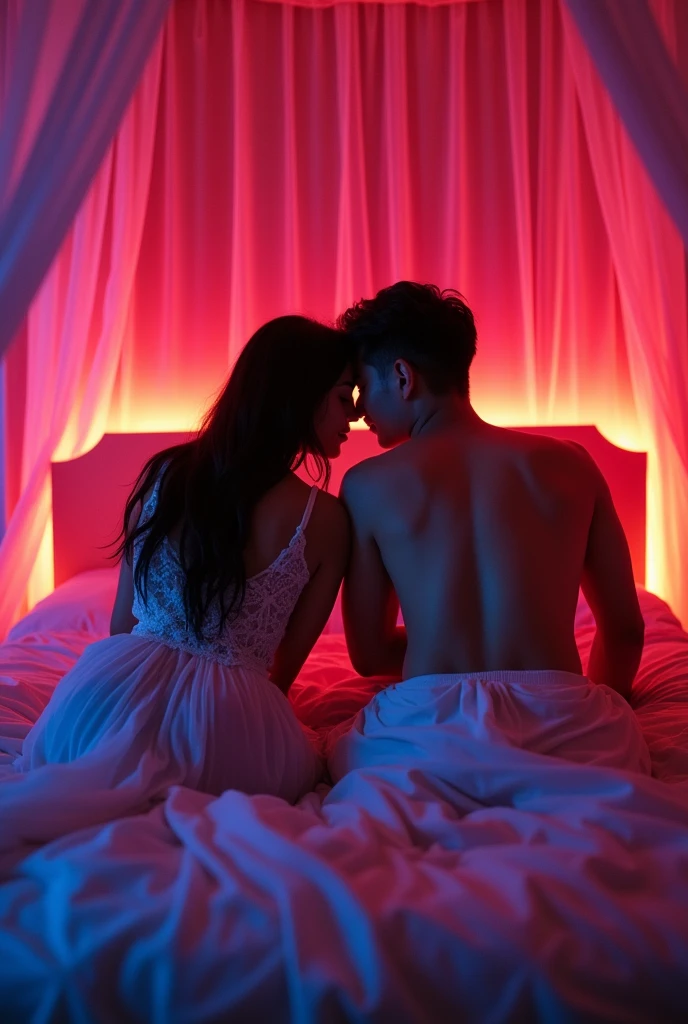 Indonesian couple. The man is a normal body (lying on the bed with his back showed), With The woman is a little chubby and huge breasted kneel on his top (her face showed an expression of pleasure), The luxurious bedroom is decorated with a mosquito net with RGB neon backlight as a background detail, Look at the viewer, natural light, realistic photography, wide angle shot from top.