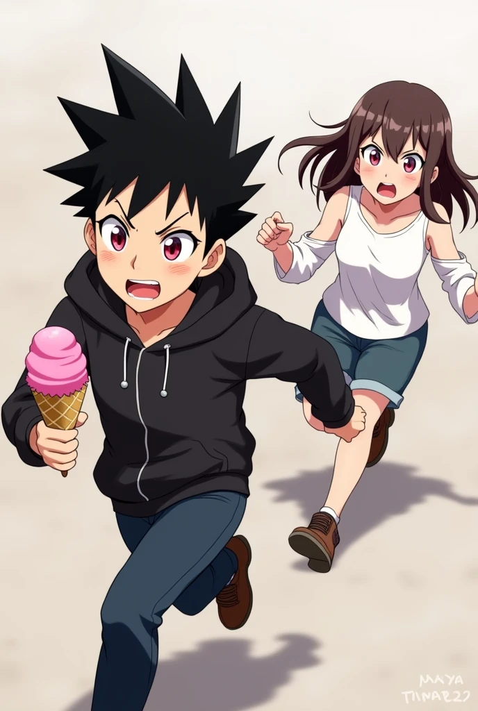 A boy ((( Anime boy , Spiky hair , black hair , black hoodie , blood red eyes , narrowed eye , runs away , holding a pink ice cream 
 ))) , A girl ((( Anime girl , brown hair , long hair , pink eyes , friendly eyes , white long sleeve t shirt , open shoulders , screams "my ice cream!!!" ))) 