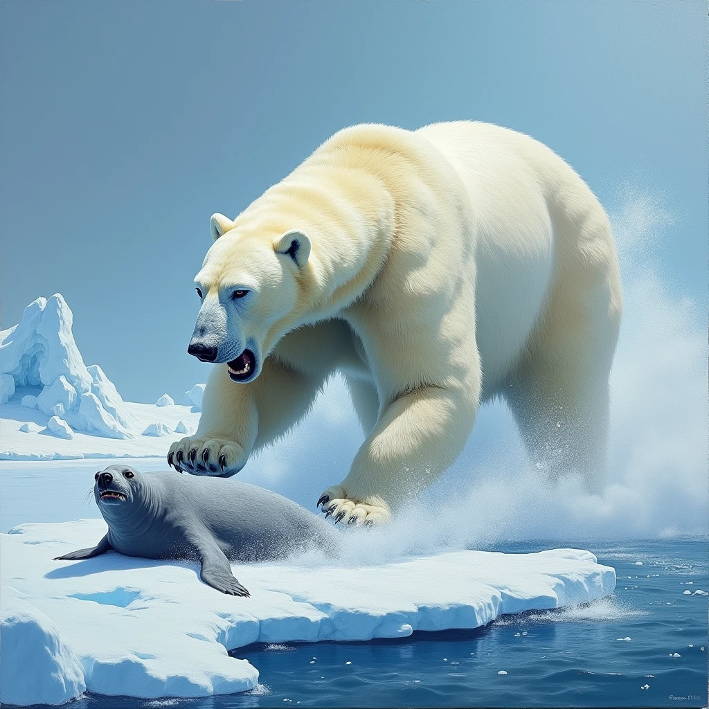 A wild oil painting of a polar bear chasing a seal across a frozen tundra. The bear’s powerful muscles ripple under its thick fur, and its breath forms clouds in the frigid air. The icy landscape is stark, with jagged icebergs and a cold, blue light from the setting sun. The scene is both majestic and terrifying. Wild, ultra detailed, 4K.