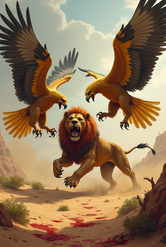 Generated an image of a bloody violent fight between giant golden eagles, and a wild lion covered in blood, in a green desert.