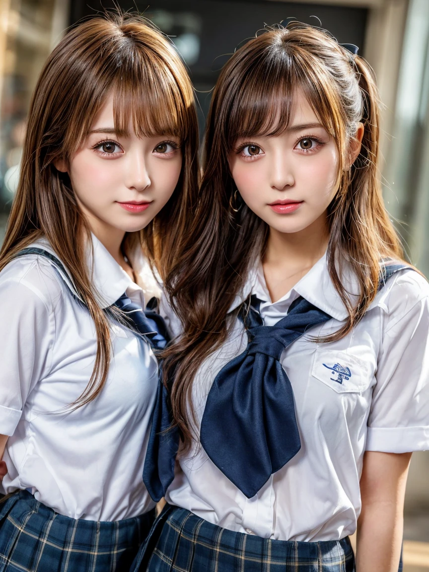 Browsing Caution, ((masterpiece)), ((Highest quality)), (Very detailedな), ((cute)), cute, (Multi-point), ((sexy)), (device), ((Very detailed)), 4K, (8k), Highest quality, (beautiful), hyper cute face, shape, Anime Style,hyper Genuineistic, Genuine, Dynamic Angle, ((whole body)), close, Thick outline, Clear contours, at school, (2People Girl, 3 cute girls:1.5), (Schoolgirl Uniform :1.5), beautiful light brown hair, beautiful brown eyes, ((beautiful eyes)),