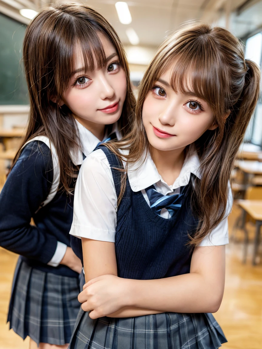 Browsing Caution, ((masterpiece)), ((Highest quality)), (Very detailedな), ((cute)), cute, (Multi-point), ((sexy)), (device), ((Very detailed)), 4K, (8k), Highest quality, (beautiful), hyper cute face, shape, Anime Style,hyper Genuineistic, Genuine, Dynamic Angle, ((whole body)), close, Thick outline, Clear contours, at school, (2People Girl, 3 cute girls:1.5), (Schoolgirl Uniform :1.5), beautiful light brown hair, beautiful brown eyes, ((beautiful eyes)),