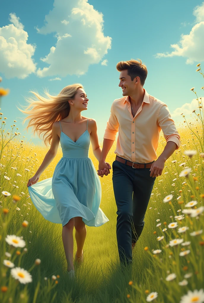 An aerial view of A realistic picture of a sunny day under a clear blue sky, a beautiful twenty-year-old girl with a fair complexion, long straight blond hair, and hazel eyes, wearing a light blue dress, runs hand-in-hand with a young boy of age twenty. He has fair skin, and clean shaven face. dark brown hair, and brown eyes, dressed in a light peach formal shirt and black trousers. They are joyfully running through a grassy meadow sprinkled with tiny white flowers, their hands clasped tightly as they bask in the warmth of the day.