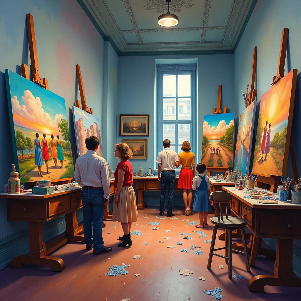 An oil painting of an artist’s studio, where the canvases come to life, with painted figures stepping out into the real world. The room is filled with vibrant colors, and the atmosphere is one of creativity and inspiration. The scene is surreal, blending reality with imagination in a celebration of art. Artistic, ultra detailed, 4K.