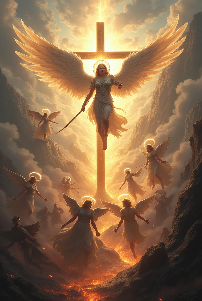 a fantasy world, with christian theme with the cross, pictures of angels fighting demons