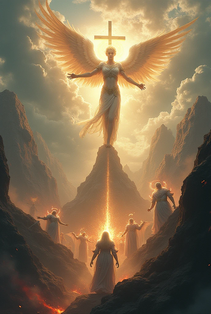 a  fantasy world, with christian theme with the cross,  pictures of angels fighting demons