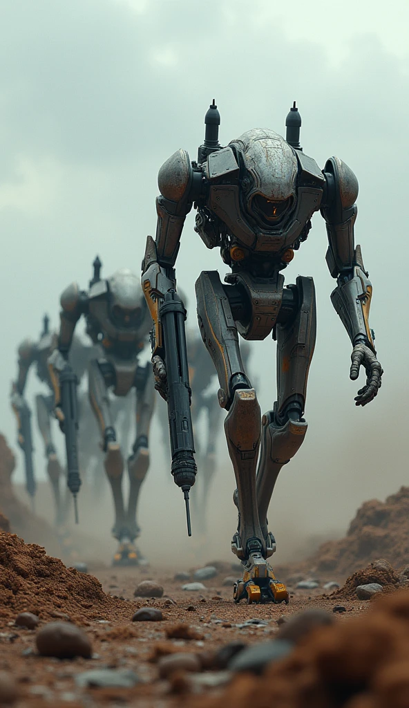 draw me a picture of a group of robots complete with weapons walking on a realistic battlefield