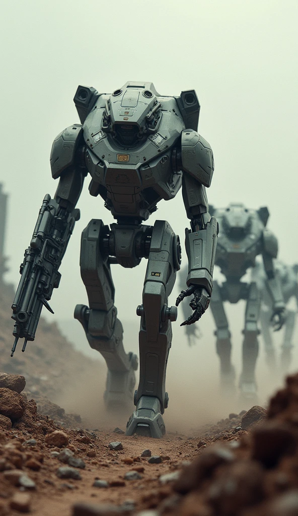draw me a picture of a group of robots complete with weapons walking on a realistic battlefield
