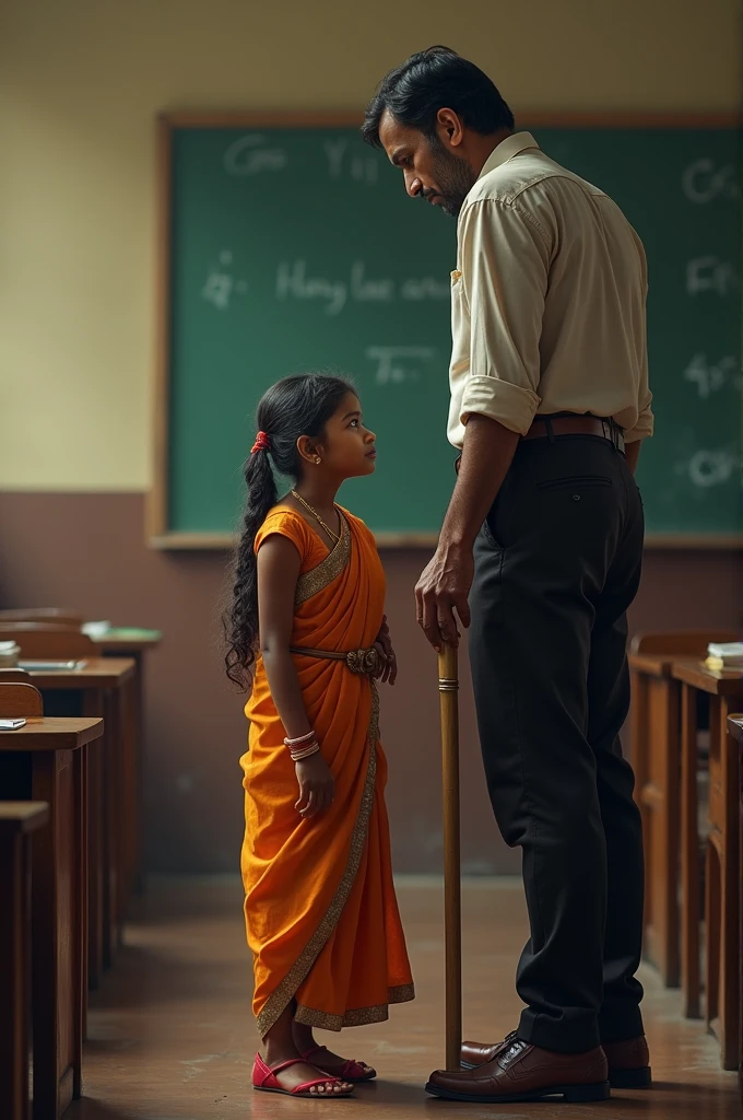 Make a piture of a girl who is being punished by teacher in saree with a steel cane in hand