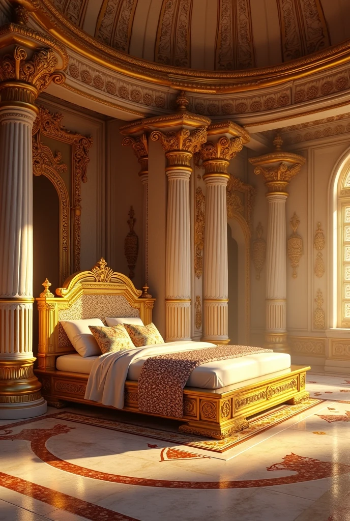 A grand royal bedroom from the Dwapar Yuga, belonging to Prince Shri Krishna. The room has intricately carved pillars adorned with precious gemstones and jewels, reflecting an opulent and divine aura. The bed is luxurious, with soft velvet cushions and a silky white bedspread, both embedded with sparkling gems and beads. The bed itself is crafted from gold, radiating a warm, regal glow. The ceiling is dome-shaped, intricately designed with artistic patterns, adding to the majestic feel of the room. The floor is beautifully designed, complementing the overall grandeur of the space.