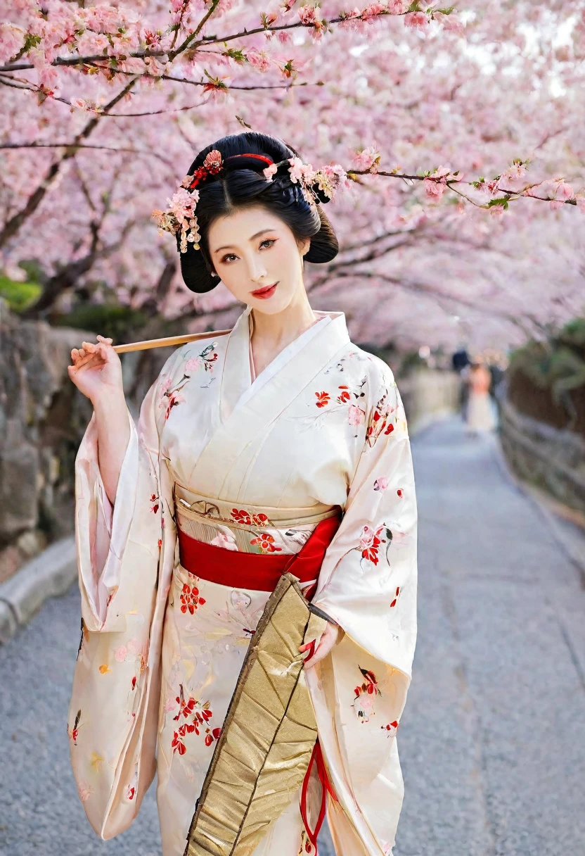 (A geisha stands gracefully under a cherry blossom, Look back and smile: 1.37), Pink cherry blossom petals next々And they scatter, (whole body) The face base makeup has no highlight or shadow decoration. Foundation covers the entire face and neck. Red lip makeup、The area of the mouth that is smaller than normal lips. Strengthen your eyes, Makes pupils appear darker and deeper. Straight eyebrows are not only eye-catching、Informal, Cleanse the entire face. Typical Japanese Geisha makeup, Wearing a gorgeous kimono embroidered with red and gold cherry blossoms, This is a long-sleeved kimono, Wearing clogs, Realistic depiction of light and shadow, Realistic and exaggerated photos, super high quality, Super Details, Cinematic shots, Shallow depth of field