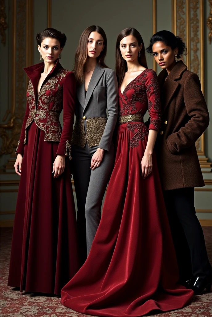 arafed image of a woman in a red coat and a woman in a grey top and a woman in a red dress and a woman in a brown coat, fall-winter 2015-2016, maroon metallic accents, maroon accents, ornate dark red opulent clothing, inspired by Antonio Rotta, inspired by Giorgio De Vincenzi, maroon red
