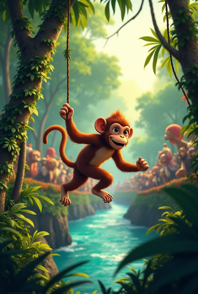 Monkey, always eager for an adventure, scampered up the trees and swung through the vines until he reached the riverbank. There, he saw a beautiful sight: a parade of animals from all over the jungle had gathered for the annual Jungle Festival.