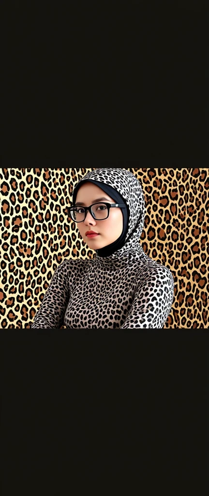 a most beautiful Chinese woman named Cikgu Soon with a pair of black glasses wears animal print turtleneck unitard catsuit.She wears an animal print hijab-like hood.