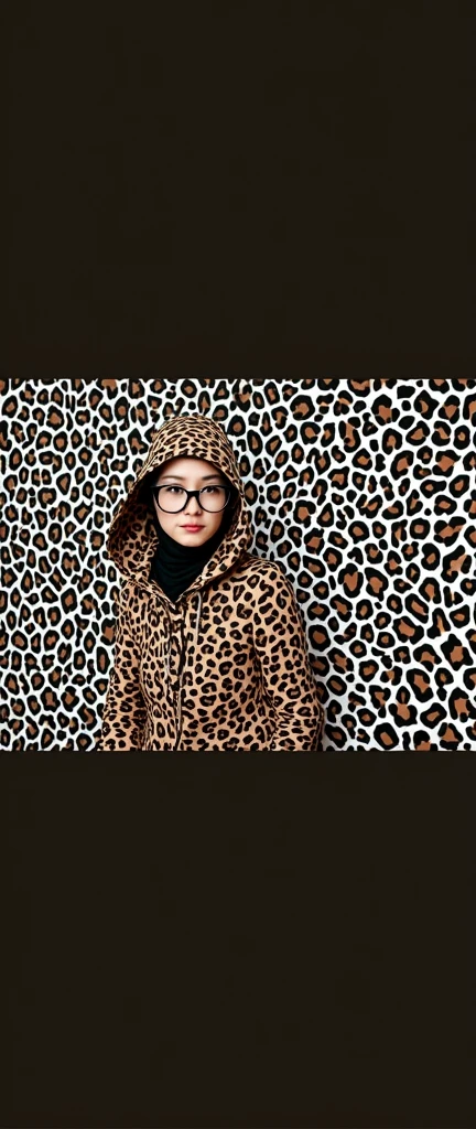 a most beautiful Chinese woman named Cikgu Soon with a pair of black glasses wears animal print turtleneck unitard catsuit.She wears an animal print hijab-like hood.