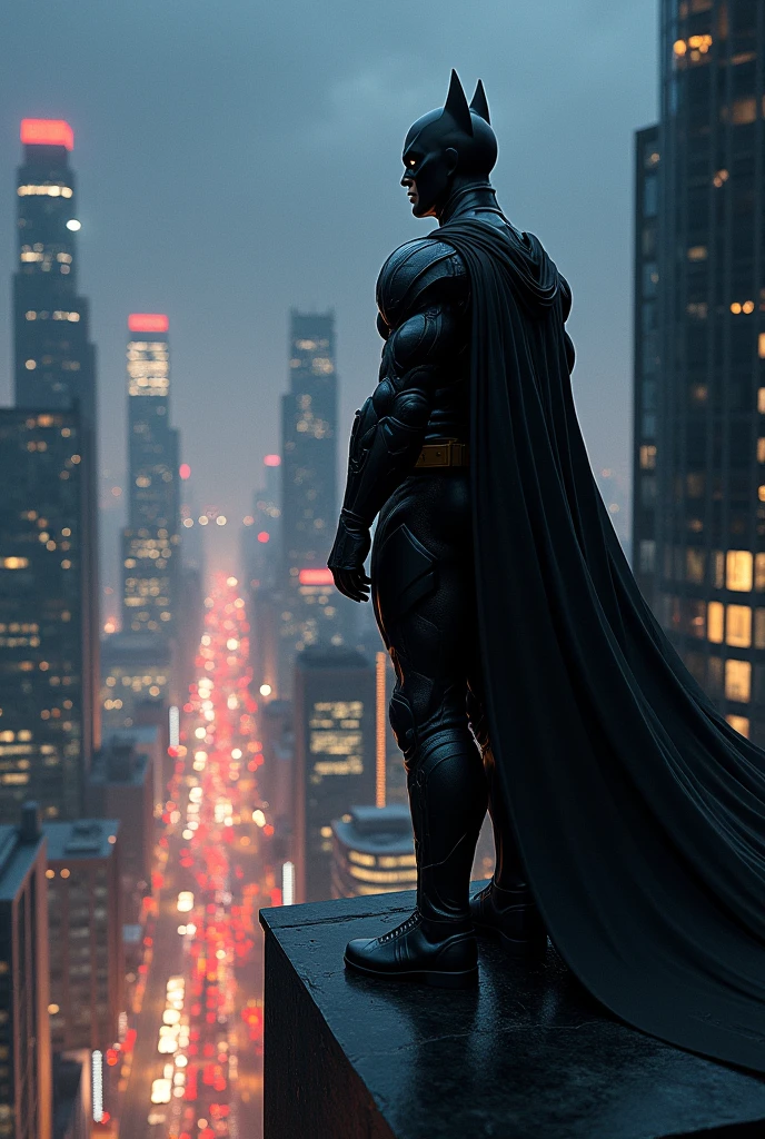 "Generate a black superhero standing on a ledge of a tall building in a metropolis. It’s night time and the city is lit by the streetlights and cabs. The scene is of a futuristic city. Use hyper-realistic photos."