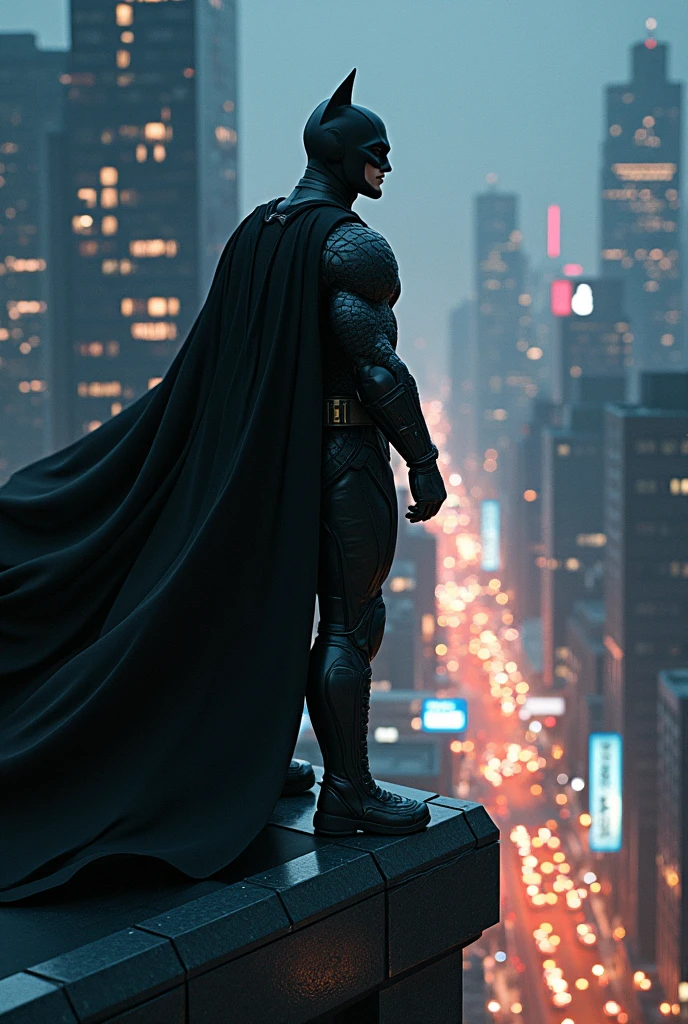 "Generate a black superhero standing on a ledge of a tall building in a metropolis. It’s night time and the city is lit by the streetlights and cabs. The scene is of a futuristic city. Use hyper-realistic photos."