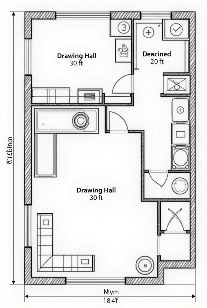 I have 60 ft length and 30 ft width plot, I want 2 rooms, drawing hall and kitchen create map of it, mention measurement in English, also mention name of the part