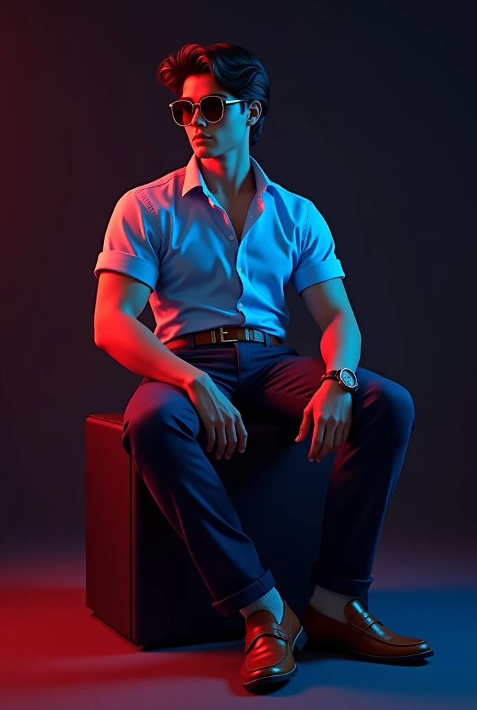A tan tall boy with black wave hair wearing sunglasses, sky blue short sleeve shirt tucked with dark brown belt black long trousers and old watch on it and dark brown loafers sitting on black stool and black background red and blue light on it the boy turning right side and the boy seeing right side and tie hands up