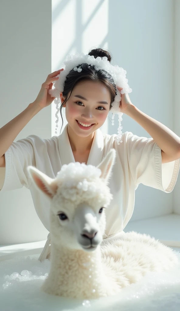 Create an Asian beauty,Standing on the ground,Hair in a bun,Beautiful beautiful big eyes,Regular facial features,Wearing a white satin bathrobe,Scratch your scalp with both hands,Two hands washing hair on top of head,There is a lot of real white foam and water on the hair,Foam wrap head,Real bubbles,Open your eyes,The expression is happy,The characters are realistic and realistic,Next to it is a pure white cute tall alpaca,Pure white high-end bathroom background,Character front position,9:16 frames,Ultra-high-definition picture quality