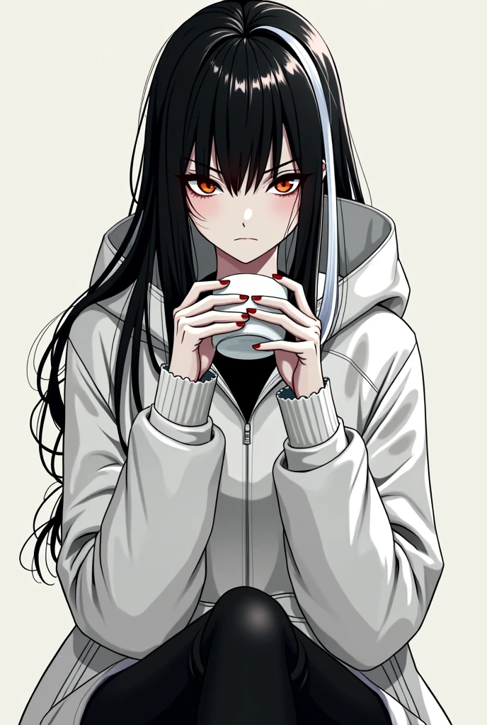 masterpiece, red eyes and white skin with flat expression, eyes look to the camera, hand grab a coffee, high contrast, (best illumination, an extremely delicate and beautiful), hyper detail, intricate details, (1 girl, solo, multicolor black and white hair, sharp face, long hair, red eyes, hair between eyes), a woman in a white open hooded jacket and black pants, single character full body, full body concept