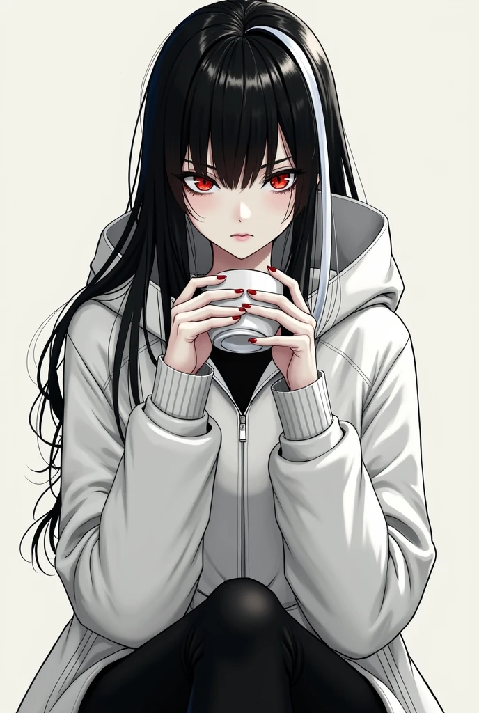 masterpiece, red eyes and white skin with flat expression, eyes look to the camera, hand grab a coffee, high contrast, (best illumination, an extremely delicate and beautiful), hyper detail, intricate details, (1 girl, solo, multicolor black and white hair, sharp face, long hair, red eyes, hair between eyes), a woman in a white open hooded jacket and black pants, single character full body, full body concept