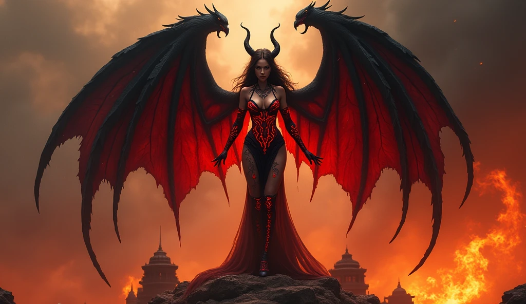 A fierce and alluring demoness with dark wings and glowing red tattoos that pulse with the rhythm of the music, standing atop a crumbling stone platform surrounded by flames. Her outfit is a mix of dark leather and metal, and her eyes burn with a seductive intensity. The background is filled with swirling fire and smoke, creating a sense of otherworldly danger and allure. Aim for realistic depiction, make sure photos are at highest resolution (8K)