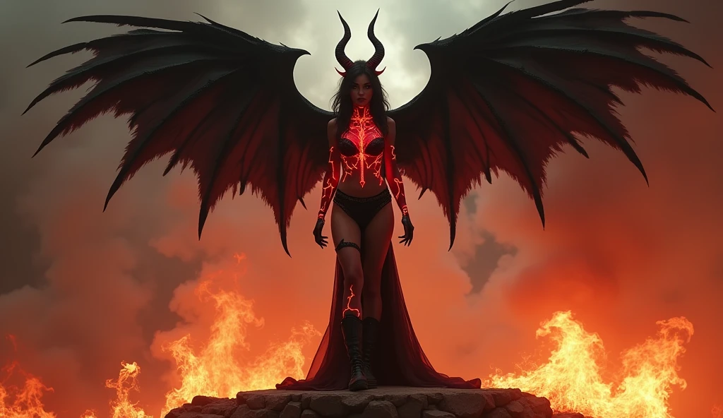 A fierce and alluring demoness with dark wings and glowing red tattoos that pulse with the rhythm of the music, standing atop a crumbling stone platform surrounded by flames. Her outfit is a mix of dark leather and metal, and her eyes burn with a seductive intensity. The background is filled with swirling fire and smoke, creating a sense of otherworldly danger and allure. Aim for realistic depiction, make sure photos are at highest resolution (8K)