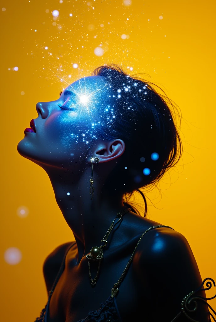 The cosmic realm shimmers with ethereal energy, and in the center of this celestial ballet, a radiant figure emerges. Nebula, a futuristic japanese female warrior, an embodiment of cosmic power and seductive allure, materializes before you, her form composed of swirling stardust and celestial energy.