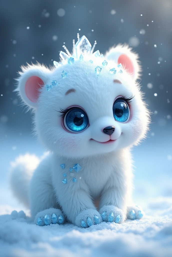 (ultra detailed), This creature looks like a small bear, covered in white snow-like fur all over its body. The fur is fluffy and cold to the touch, just like snow. Its eyes are large, icy and transparent, and shine blue. Its ears are round with slightly pointed tips, and its nose is small and black. Its feet have small ice crystals that sparkle as it walks. Its tail is short and looks like a round block of ice.