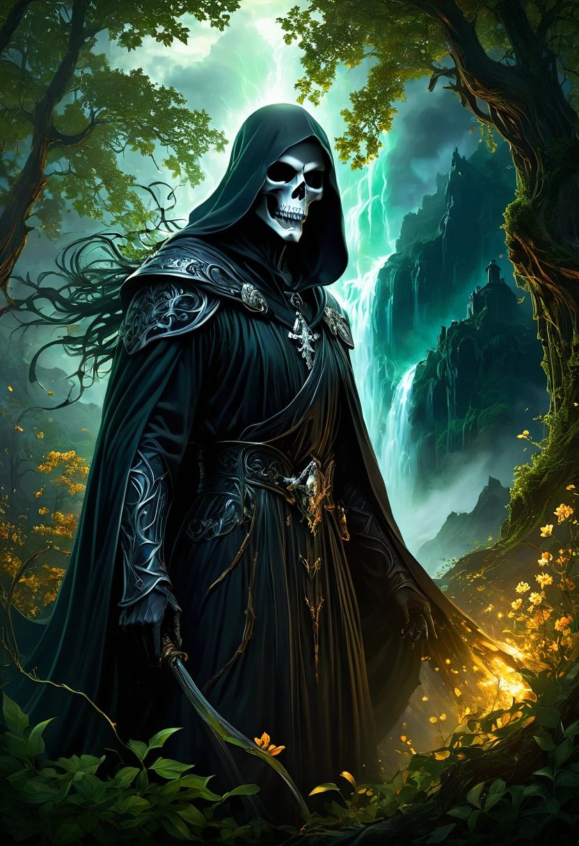 An awe-inspiring digital matte painting featuring a dramatic confrontation between the Grim Reaper and Mother Nature. The Grim Reaper is portrayed as a towering figure, cloaked in a dark, flowing robe, with a sinister grin and piercing eyes. Mother Nature, an intricately detailed and elegant figure, stands alongside him, adorned with a crown of leaves, vines, and flowers, and emanating a nurturing aura. The background is a stunning, epic landscape filled with dramatic atmospheric elements, such as a raging storm, a haunted forest, and a mystical waterfall. The overall composition is a brilliant, cinematic masterpiece, showcasing the maximalist art style of Alphonse Mucha with meticulous detail and dramatic flair., cinematic