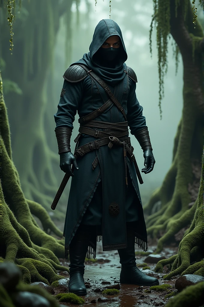 Can you generate me an image that shows a legendary warrior?, Moss the tactical web, he is dressed as a mysterious ninja