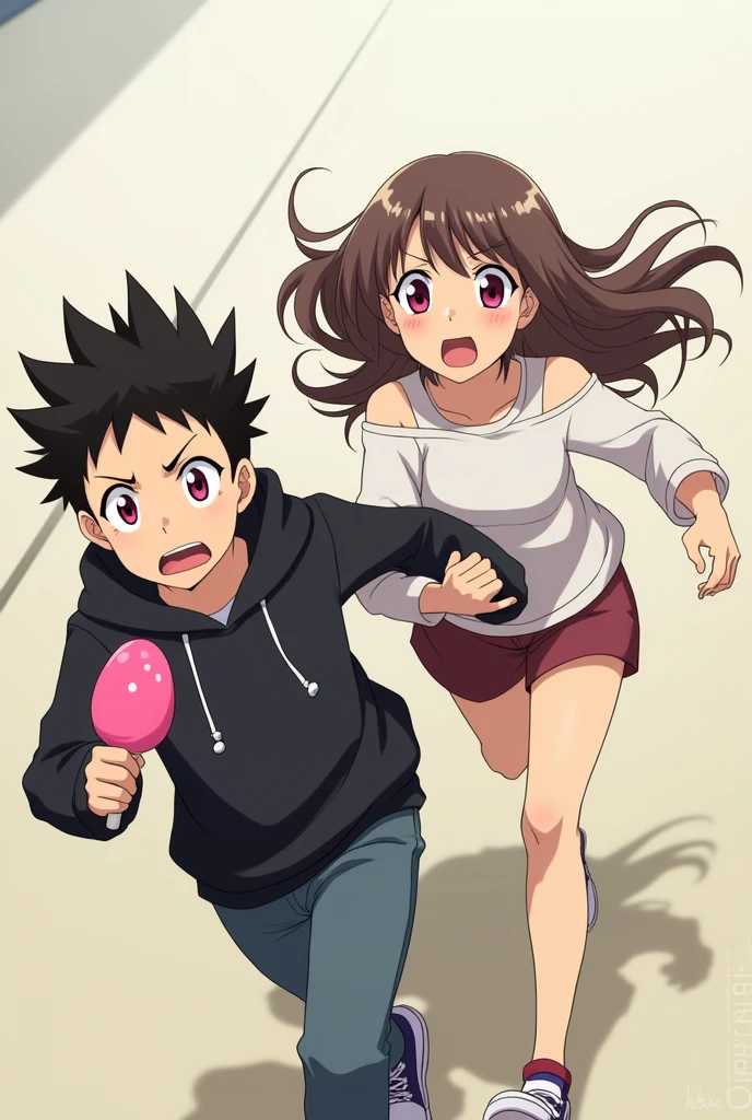 A boy ((( Anime boy , Spiky hair , black hair , black hoodie , blood red eyes , narrowed eye , runs away , holding a pink ice cream
))) , A girl ((( Anime girl , brown hair , long hair , pink eyes , friendly eyes , white long sleeve t shirt , open shoulders , screams "my ice cream!!!" )))