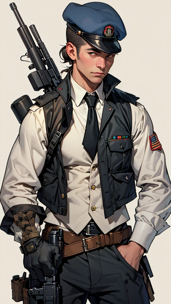 A chinchilla rodent animal ,tactical exercise soldier with bad appearance in uniform with vest and beret, realistic machine gun