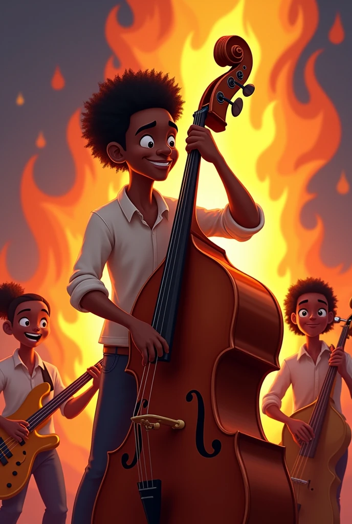 A dark-skinned character who is playing the double bass in a cartoon ...