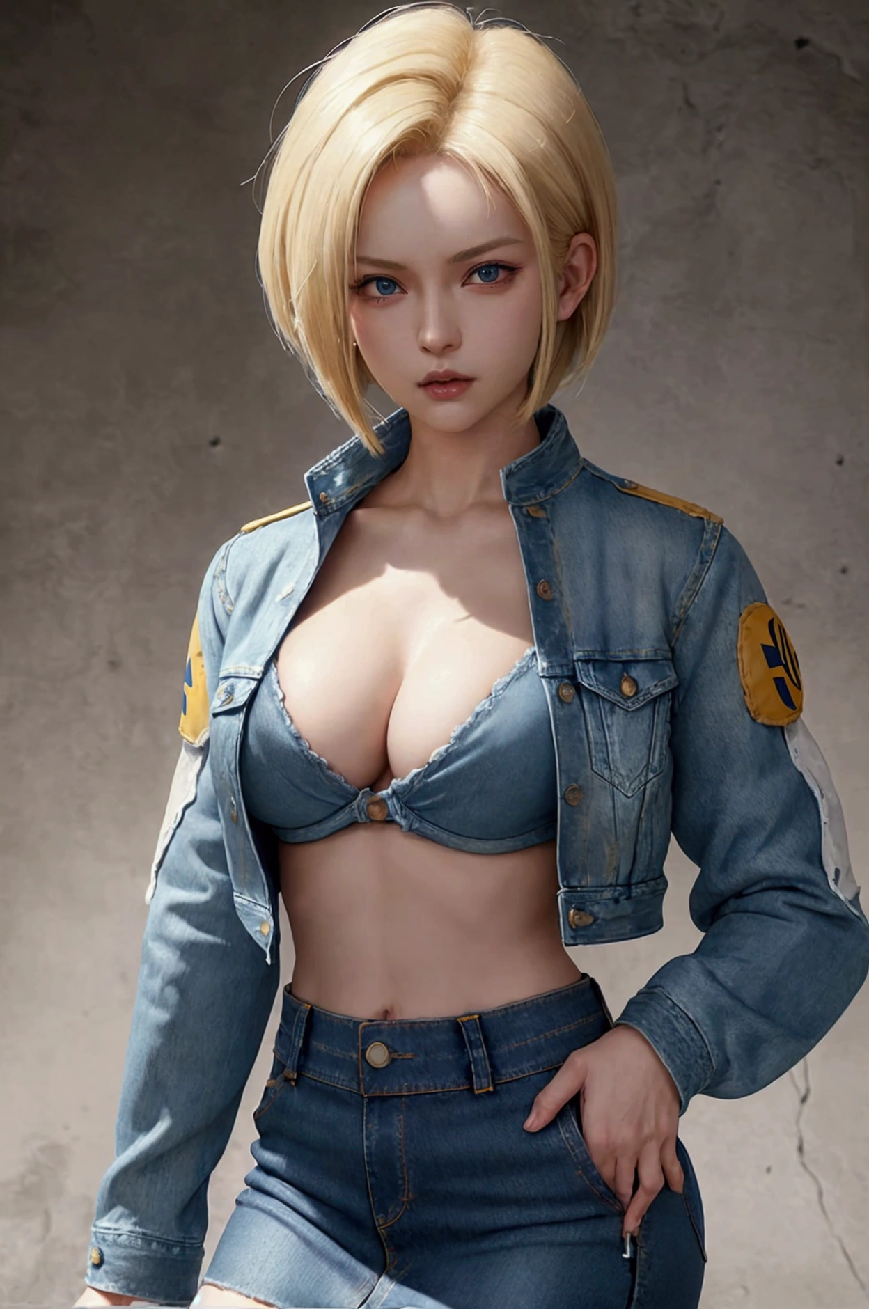 hyper detailed image, uhd, 16K, professional foto, (Realistic photo of Android-18 from Dragon Ball Z)  goddess of beauty, very straight short blonde hair, severe facial expression, ((She wears a blue denim jacket and a white cropped shirt., Short white underground showing breast meat)), Erotic, open denim jacket showing your big, Beautiful and perfect breasts, (breastsout, longos breastsout pontiagudos saindo da jaqueta), she wears a belt and a (blue denim skirt lifted showing micro panties stuck in the , bubian hair showing), Brown boots, perfect hands and fingers,
  android 18, sexy saiyan girl, She unleashes bursts of power, anguish, offcial art, Android-18 Sexy feminino, official character art, sexy female protagonist, slim and toned body curved :8, Aanguishri Toriyama, Director: traits of Aanguishra Toriyama, bulma from dragon ball, best anime character design, Stroke style by Aanguishra Toriyama, Cute single character, semi-, (great lighting)