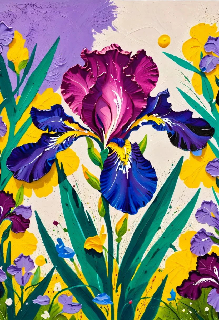 A painting:(((Colorful black,Chalk painting,Oil stick painting,flight,Thick coating,Uneven texture,Plaster texture,Graffiti)))。iris,Dot,Pearl decoration,Eyes on plants。