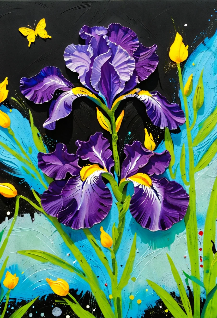 A painting:(((Colorful black,Chalk painting,Oil stick painting,flight,Thick coating,Uneven texture,Plaster texture,Graffiti)))。iris,Dot,Pearl decoration,Eyes on plants。