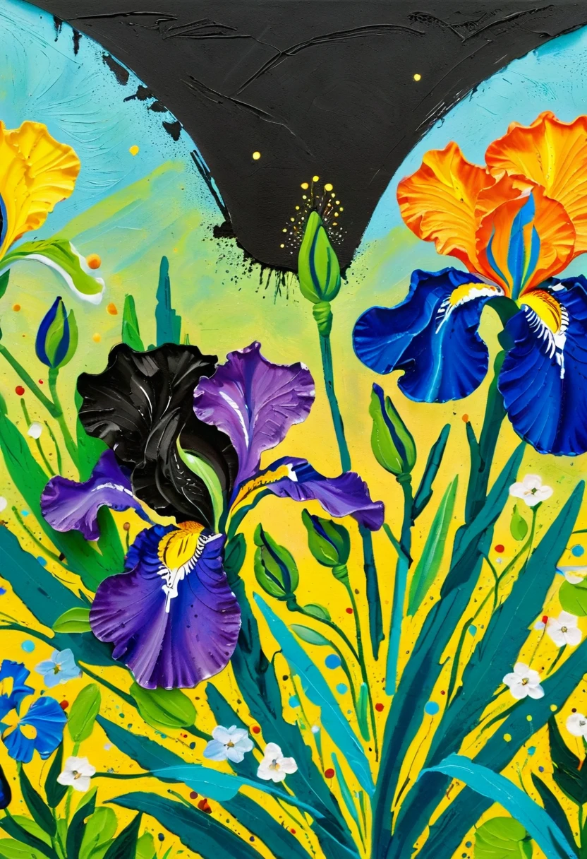 A painting：(((Colorful black，Chalk painting，Oil stick painting，flight，Thick coating，Uneven texture，Plaster texture，Graffiti)))。iris，Dot，Pearl decoration，Eyes on plants。