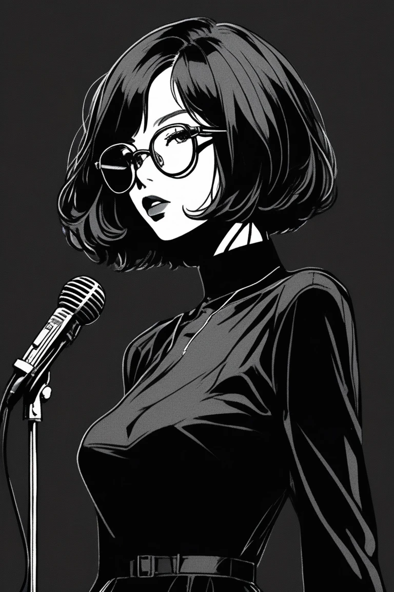 (Highest quality, sketch:1.2),Realistic,Illustrator,anime,1 person, Detailed lips, Black Dress,custom, (Background dark monochrome),Neon Hair,Texture Cropping, masterpiece, Style: Retro Classic, Dark Black, art, sketch book, (Bob Hair Black:1.75 Neon:1.32), bad woman , Dark monochrome background 、With a microphone、Glasses、