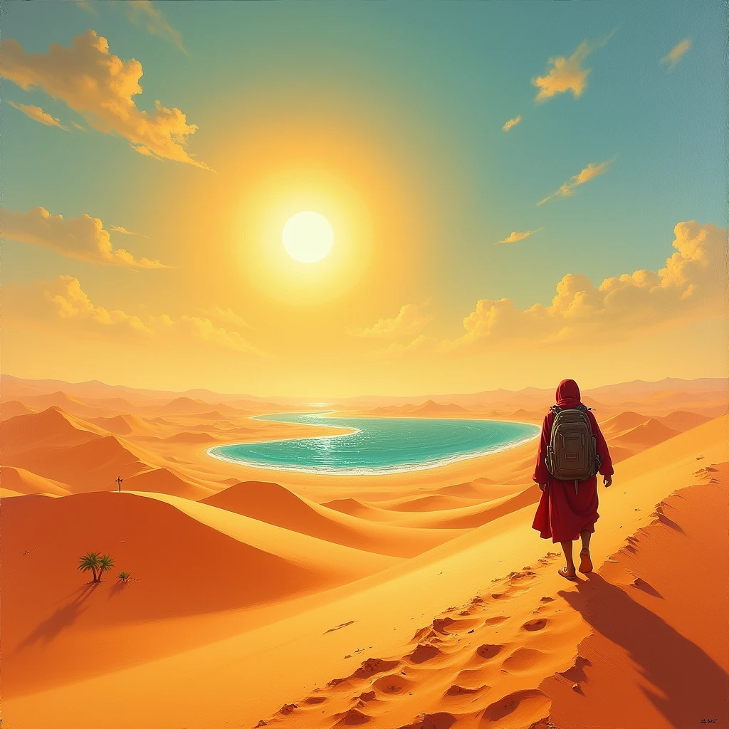 A wild oil painting of a vast, desolate desert under the scorching sun, with a lone traveler approaching an oasis that shimmers like a mirage. The sand dunes are harsh and unforgiving, but the oasis appears lush and vibrant, though slightly distorted by the heat. The traveler’s exhaustion and determination are evident, emphasizing the harshness of the wild desert. Wild, ultra detailed, 4K.